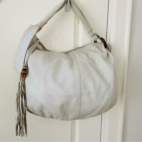 $1650 Gucci Made in Italy Vintage Ivory Leather Bamboo Jungle Large Shoulder Bag - Picture 1 of 15